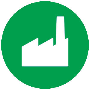 Icon of a factory inside of a green circle
