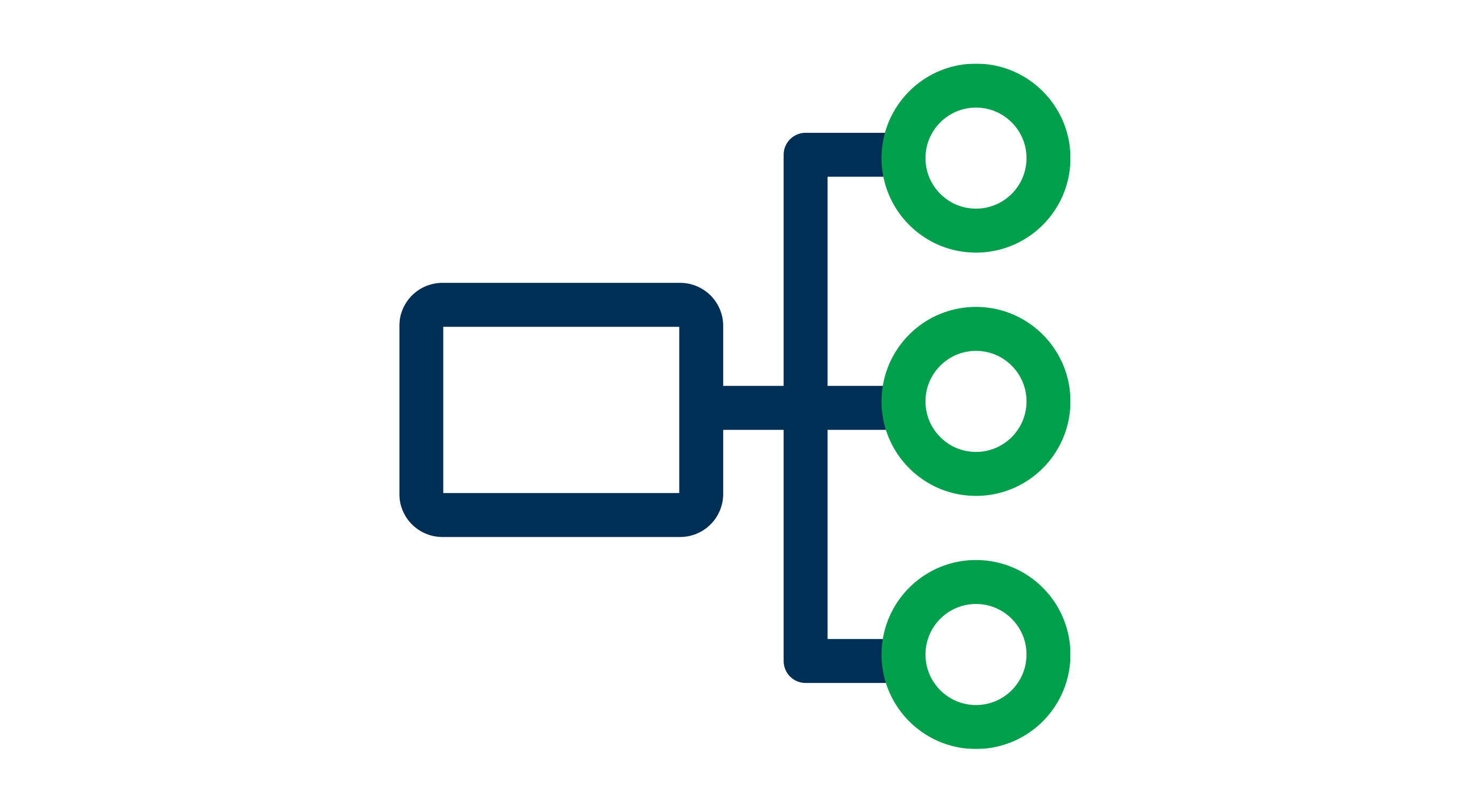 Icon of three brackets coming out of a rectangle with green circles
