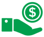 Green icon of a hand holding a coin that has a dollar sign on it