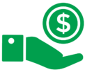 Green hand icon holding a coin that has a dollar sign in the center of the coin