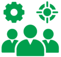 Green icon of people with a gear and target icon above them
