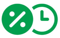 Green icon of a percentage symbol and a clock