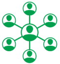 Green icon of people branched out, one person in the center and six people branched out from that person in the center