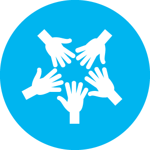 Drawn icon of five hands all together in a circle inside of a blue circle