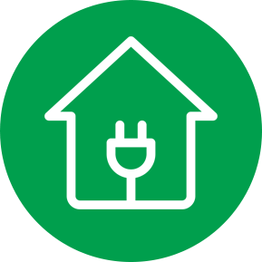 Icon of a home and a plug inside of a green circle