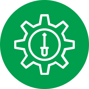Icon of a gear with a shovel in the middle inside of a green circle